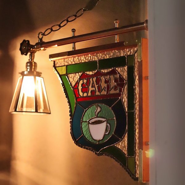 ステンドグラスCAFEカフェサイン屋内看板照明｜vintage stained glass cafe sign