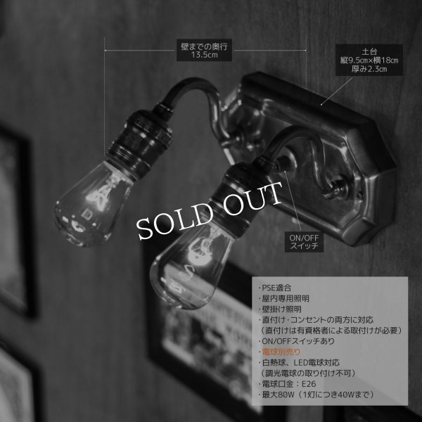 工業系真鍮製スクエアベース2灯ブラケット/ヴィクトリアンウォールランプ/壁掛け照明/インダストリアル