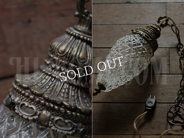 画像4: USAヴィンテージクリアプレスガラススワッグペンダントランプＡ/アンティークハンギング吊下げライト/ダイヤ型 (4)