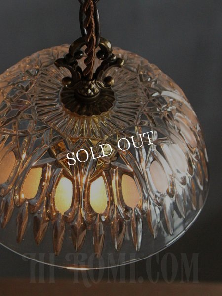 FRANCE製プレスガラスシェード１灯ミニペンダントランプ大/アンティーク吊下照明