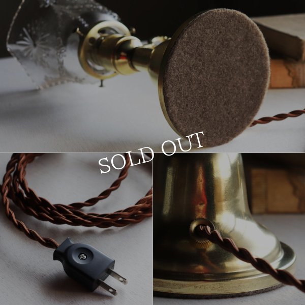 アンティーク真鍮製テーブルライト卓上照明｜USA結晶模様のプレスガラス六角シェード&GE社製ソケット