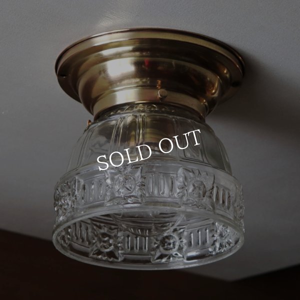 USAヴィンテージガラスシェード&真鍮製シーリングライト｜アンティーク天井照明