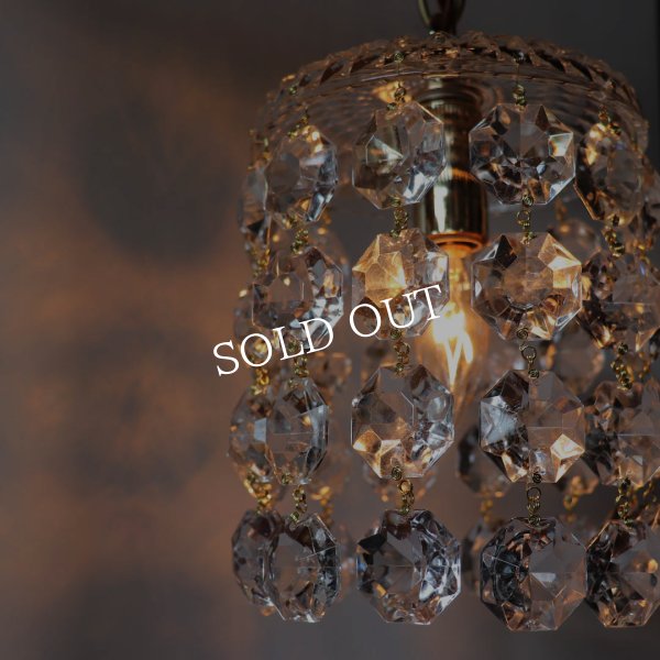 ヴィンテージガラス製ミニシャンデリアペンダントライト大粒オクタゴンプリズム｜天井照明・吊下げ照明