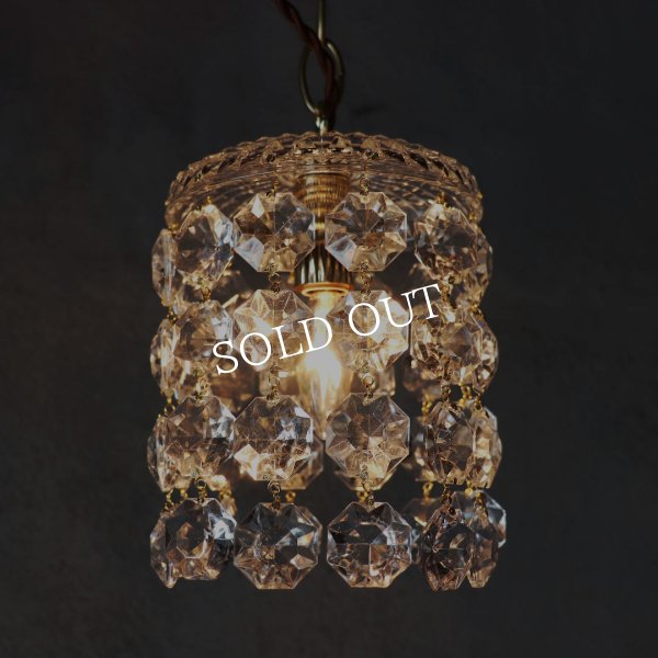 ヴィンテージガラス製ミニシャンデリアペンダントライト大粒オクタゴンプリズム｜天井照明・吊下げ照明