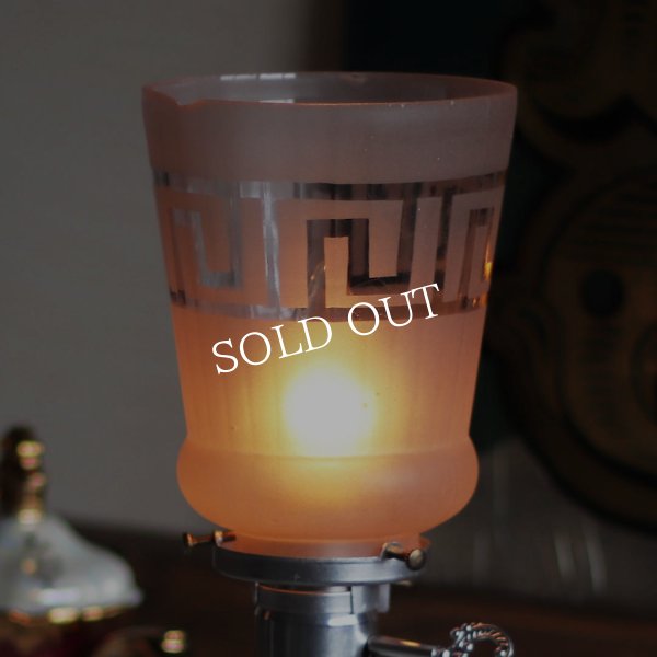 【薄紫】USAヴィンテージテーブルライト照明・雷文柄フロストガラスシェード｜アンティーク卓上ランプ