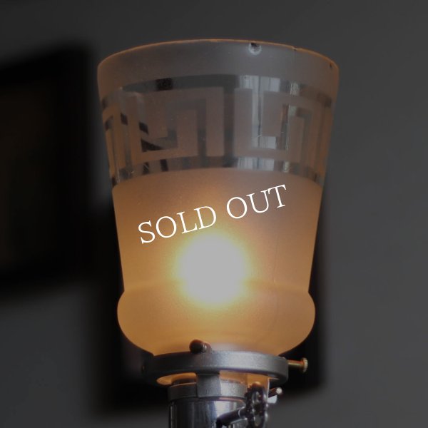 【薄緑】USAヴィンテージテーブルライト照明・雷文柄フロストガラスシェード｜アンティーク卓上ランプ