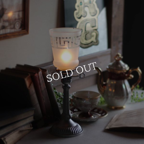 【薄緑】USAヴィンテージテーブルライト照明・雷文柄フロストガラスシェード｜アンティーク卓上ランプ