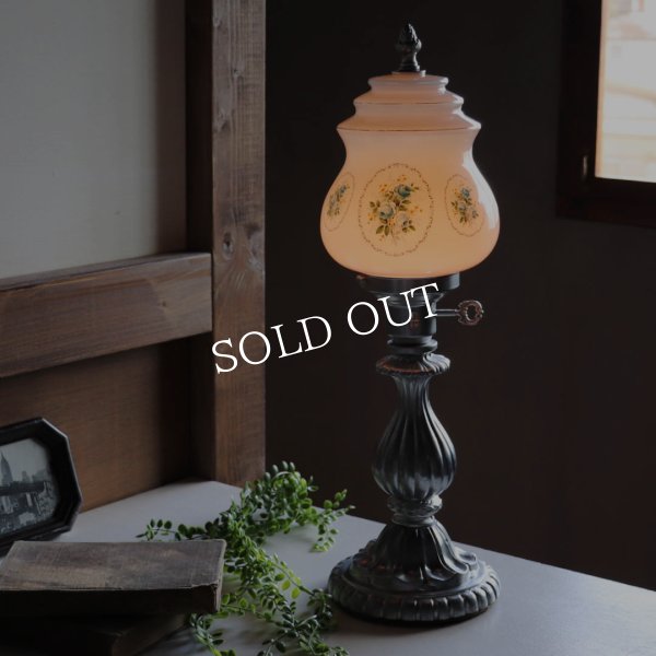 ミルクガラスブルーローズテーブルライト｜アンティーク卓上照明/青薔薇/水色/USAヴィンテージ