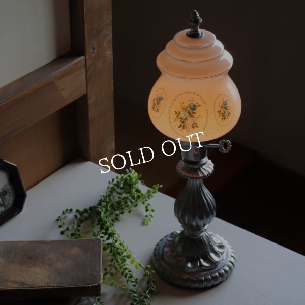 ミルクガラスブルーローズテーブルライト｜アンティーク卓上照明/青薔薇/水色/USAヴィンテージ