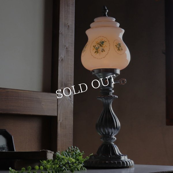 ミルクガラスブルーローズテーブルライト｜アンティーク卓上照明/青薔薇/水色/USAヴィンテージ