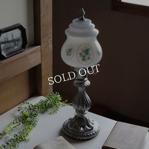 ミルクガラスブルーローズテーブルライト｜アンティーク卓上照明/青薔薇/水色/USAヴィンテージ