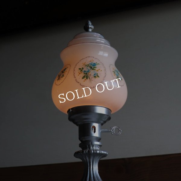 ミルクガラスブルーローズテーブルライト｜アンティーク卓上照明/青薔薇/水色/USAヴィンテージ