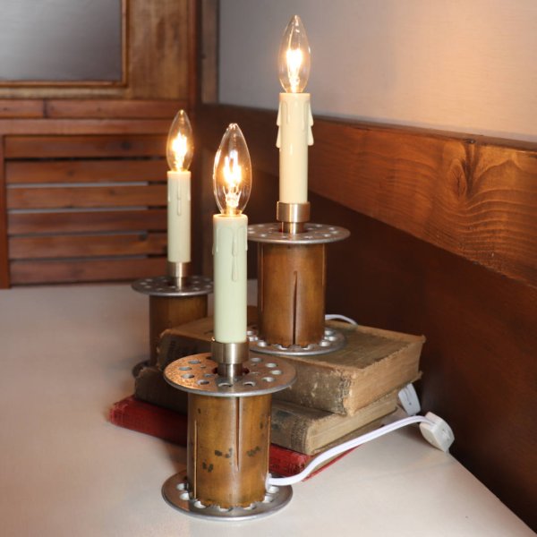 古い工業系糸巻のキャンドルテーブルライト卓上照明｜ヴィンテージインダストリアルスプールテーブルランプ