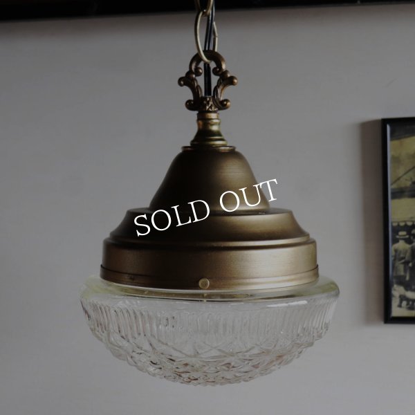 USAヴィンテージラウンドガラスシェードペンダントライト幾何学模様｜アンティーク吊下げ天井照明