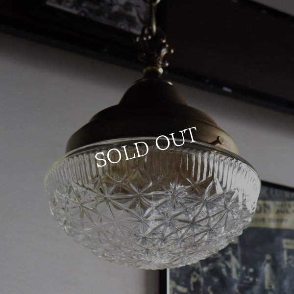 USAヴィンテージラウンドガラスシェードペンダントライト幾何学模様｜アンティーク吊下げ天井照明