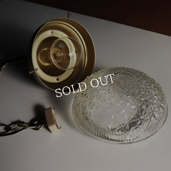 USAヴィンテージラウンドガラスシェードペンダントライト幾何学模様｜アンティーク吊下げ天井照明