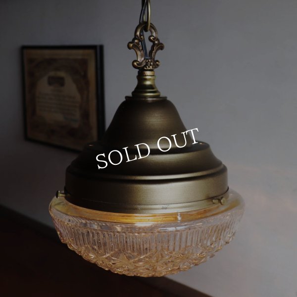 USAヴィンテージラウンドガラスシェードペンダントライト幾何学模様｜アンティーク吊下げ天井照明