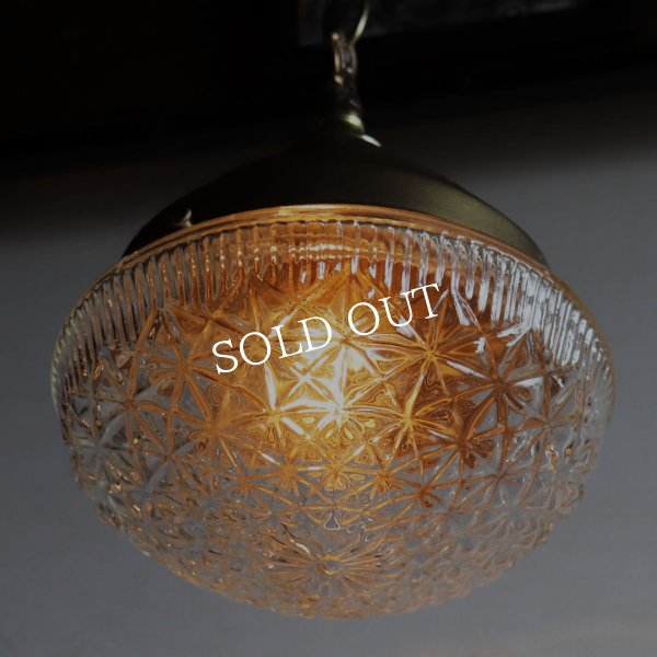 USAヴィンテージラウンドガラスシェードペンダントライト幾何学模様｜アンティーク吊下げ天井照明