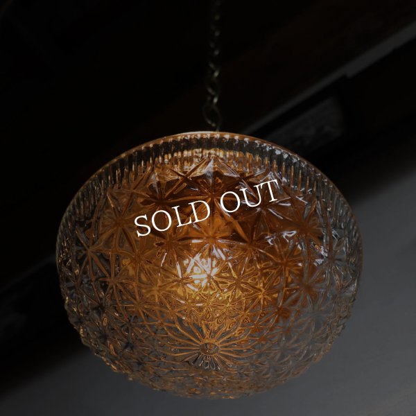 USAヴィンテージラウンドガラスシェードペンダントライト幾何学模様｜アンティーク吊下げ天井照明