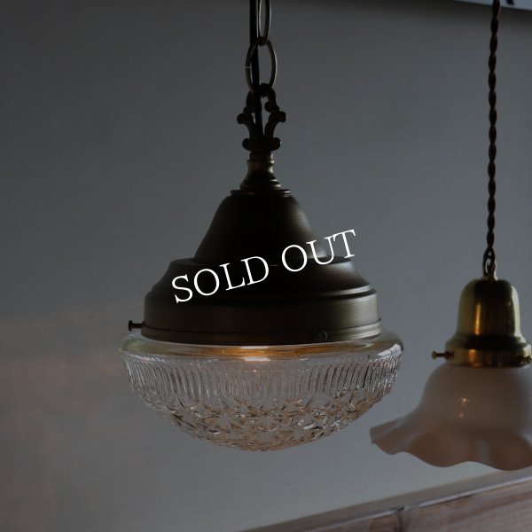 USAヴィンテージラウンドガラスシェードペンダントライト幾何学模様｜アンティーク吊下げ天井照明
