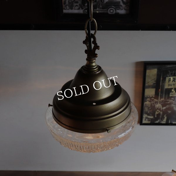 USAヴィンテージラウンドガラスシェードペンダントライト幾何学模様｜アンティーク吊下げ天井照明