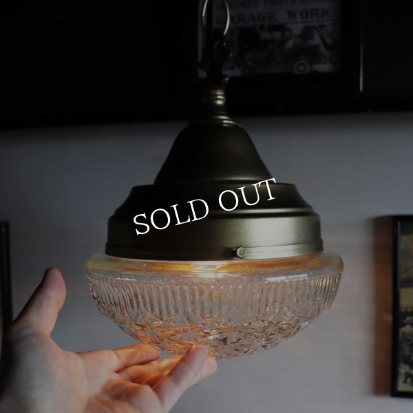 USAヴィンテージラウンドガラスシェードペンダントライト幾何学模様｜アンティーク吊下げ天井照明