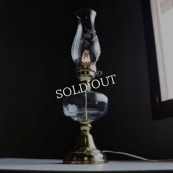 USAヴィンテージオイルランプスタイルテーブルライト｜エッチンググラスチムニーアンティーク卓上照明