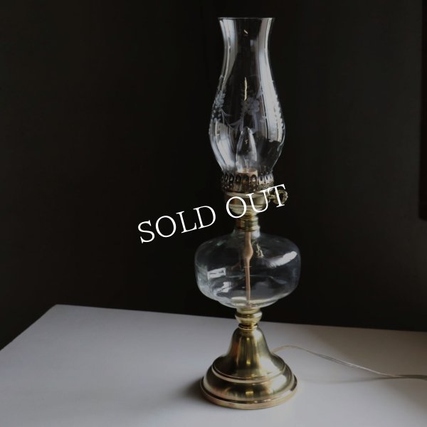 USAヴィンテージオイルランプスタイルテーブルライト｜エッチンググラスチムニーアンティーク卓上照明