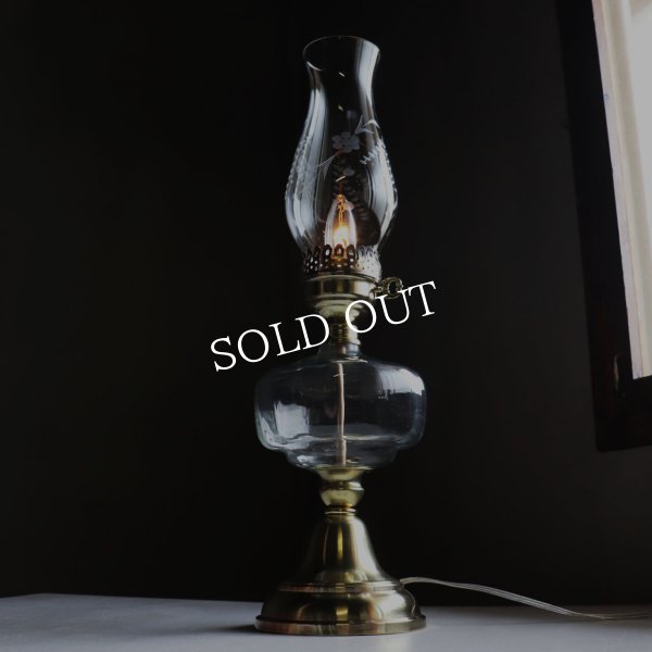 USAヴィンテージオイルランプスタイルテーブルライト｜エッチンググラスチムニーアンティーク卓上照明