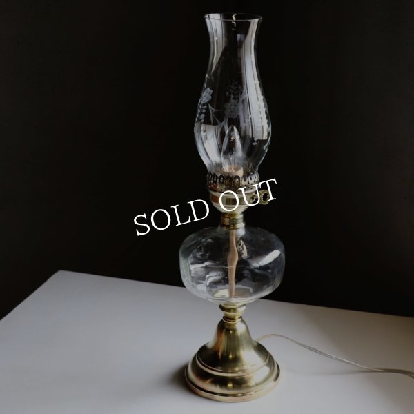 USAヴィンテージオイルランプスタイルテーブルライト｜エッチンググラスチムニーアンティーク卓上照明