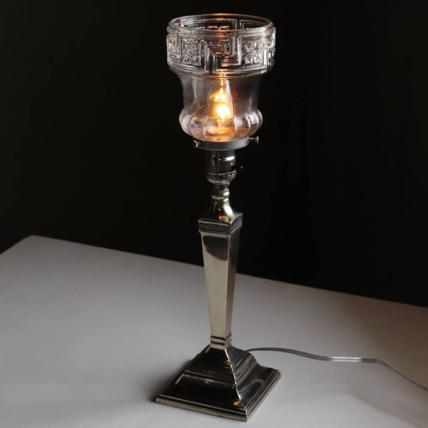 ギリシャ雷文・銀巻アンティーク卓上照明｜USAヴィンテージアールデコガラスシェード付テーブルライト