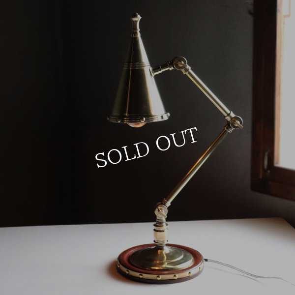 USAヴィンテージインダストリアル角度調整付きデスクライト真鍮・木｜アンティークテーブルランプ卓上照明