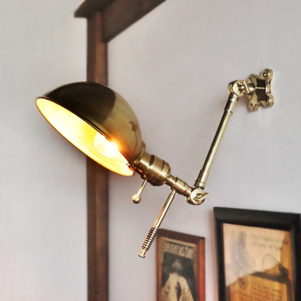 USAヴィンテージブラスラウンドシェードインダストリアルブラケットライト｜工業系真鍮製壁掛け照明