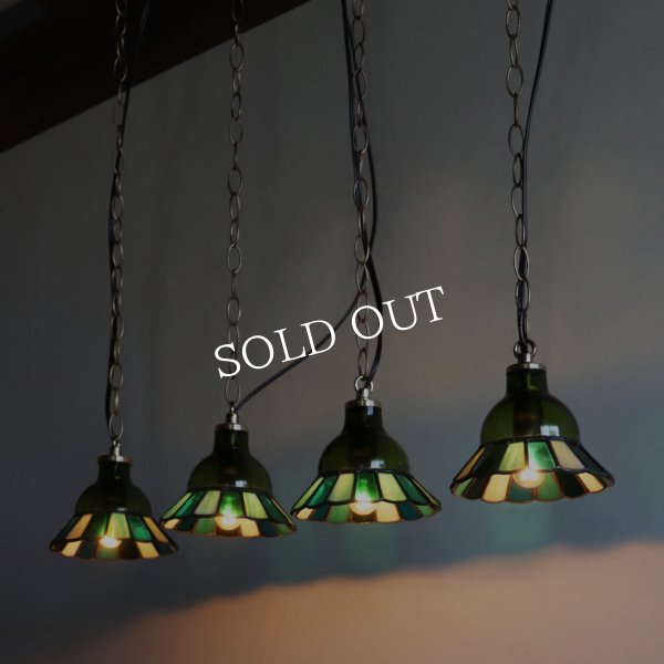 【グリーン・緑系】ステンドグラスミニペンダントライト花型｜吊下げ照明・天井照明