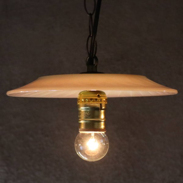 USAヴィンテージ1960年代ピンクミルクガラスシェードのペンダントライト｜吊下げ照明60'sピンクスワールサラダプレート