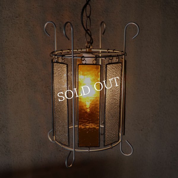 ヴィンテージアンバーガラス＆梨地ガラスのステンドグラスペンダントライト｜吊下げ照明ランプ琥珀クリア古硝子