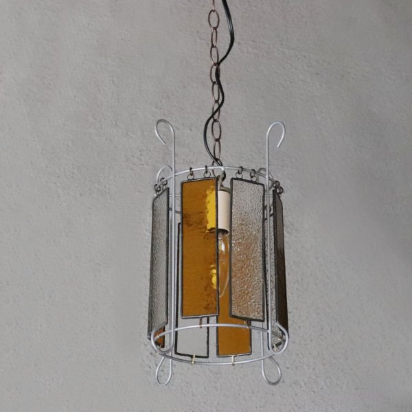ヴィンテージアンバーガラス＆梨地ガラスのステンドグラスペンダントライト｜吊下げ照明ランプ琥珀クリア古硝子