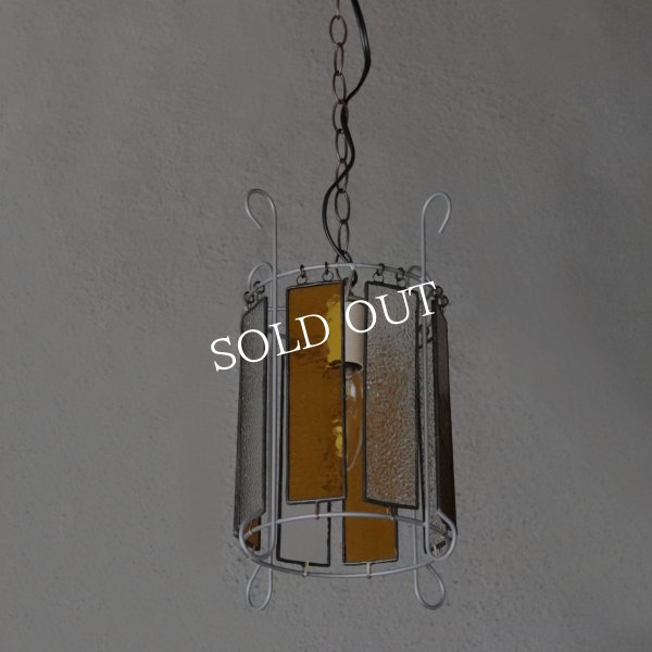 ヴィンテージアンバーガラス＆梨地ガラスのステンドグラスペンダントライト｜吊下げ照明ランプ琥珀クリア古硝子