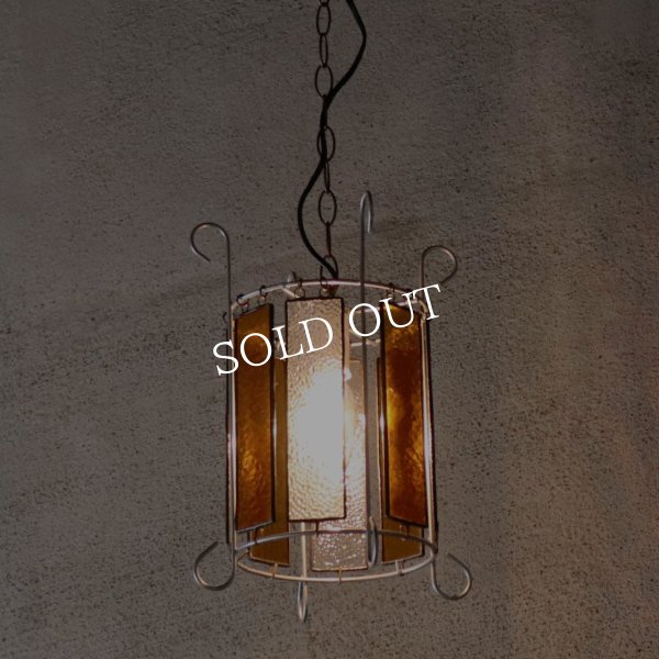 ヴィンテージアンバーガラス＆梨地ガラスのステンドグラスペンダントライト｜吊下げ照明ランプ琥珀クリア古硝子