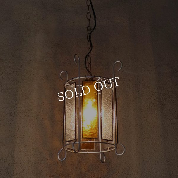 ヴィンテージアンバーガラス＆梨地ガラスのステンドグラスペンダントライト｜吊下げ照明ランプ琥珀クリア古硝子