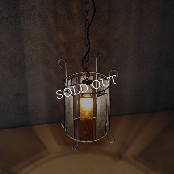 ヴィンテージアンバーガラス＆梨地ガラスのステンドグラスペンダントライト｜吊下げ照明ランプ琥珀クリア古硝子