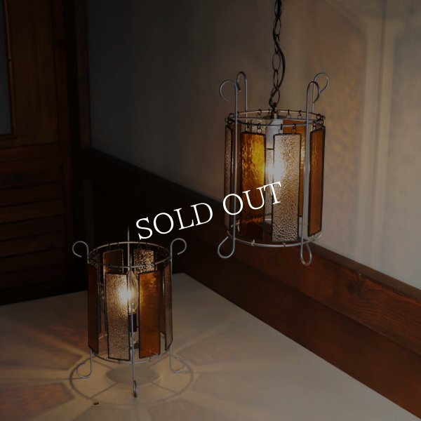 ヴィンテージアンバーガラス＆梨地ガラスのステンドグラスペンダントライト｜吊下げ照明ランプ琥珀クリア古硝子