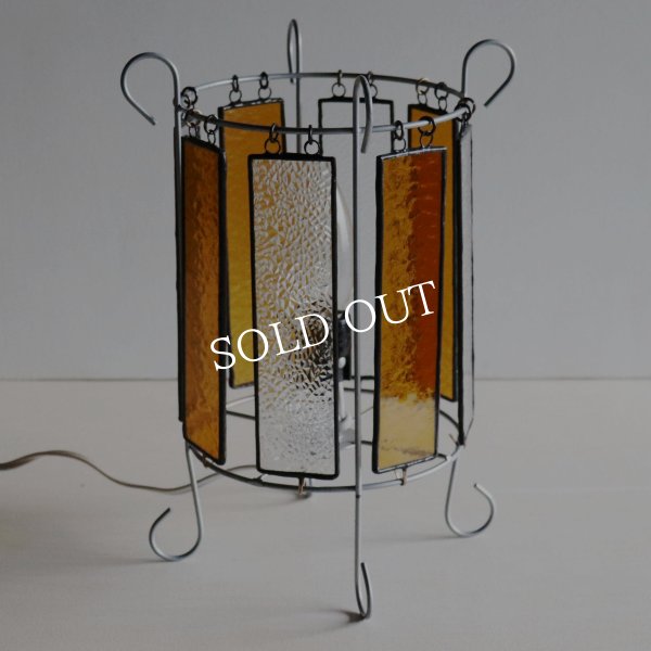 ヴィンテージアンバーガラス＆梨地ガラスのステンドグラステーブルライト｜卓上照明デスクライト琥珀クリア古硝子