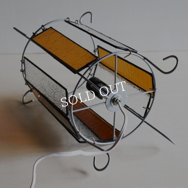 ヴィンテージアンバーガラス＆梨地ガラスのステンドグラステーブルライト｜卓上照明デスクライト琥珀クリア古硝子