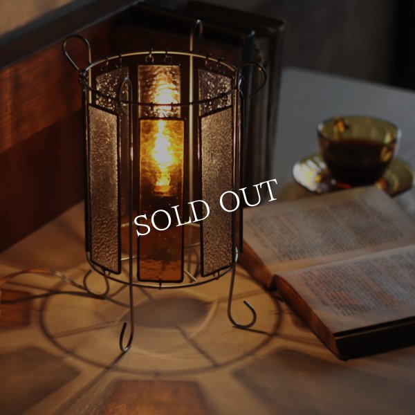 ヴィンテージアンバーガラス＆梨地ガラスのステンドグラステーブルライト｜卓上照明デスクライト琥珀クリア古硝子