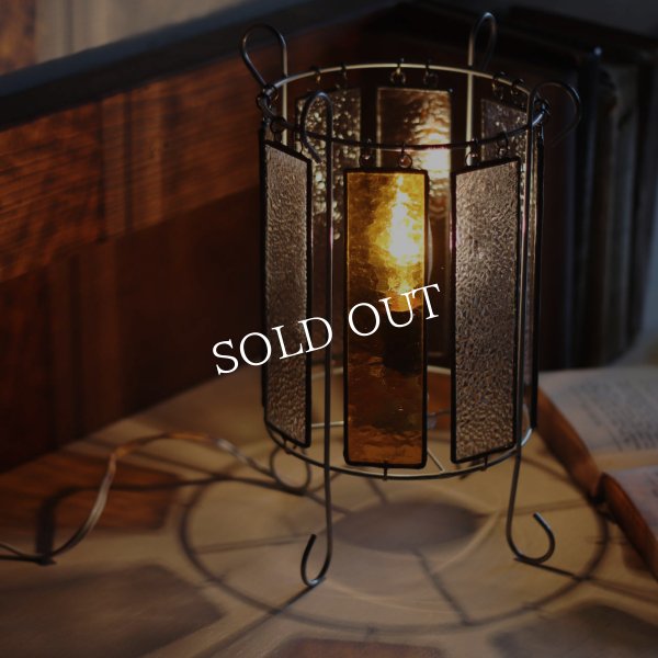 ヴィンテージアンバーガラス＆梨地ガラスのステンドグラステーブルライト｜卓上照明デスクライト琥珀クリア古硝子