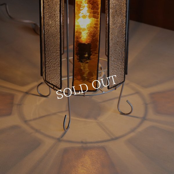 ヴィンテージアンバーガラス＆梨地ガラスのステンドグラステーブルライト｜卓上照明デスクライト琥珀クリア古硝子