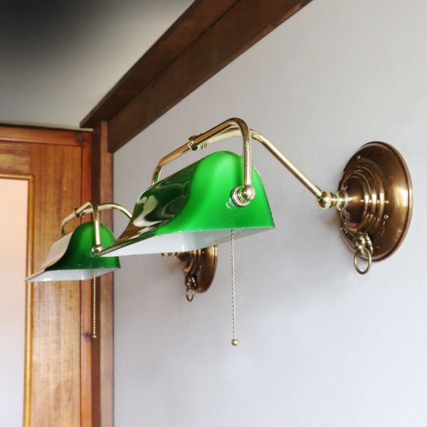 バンカーズランプ壁掛照明グリーンシェードブラケットライト・ライオン｜アンティーク照明バンカーズライト