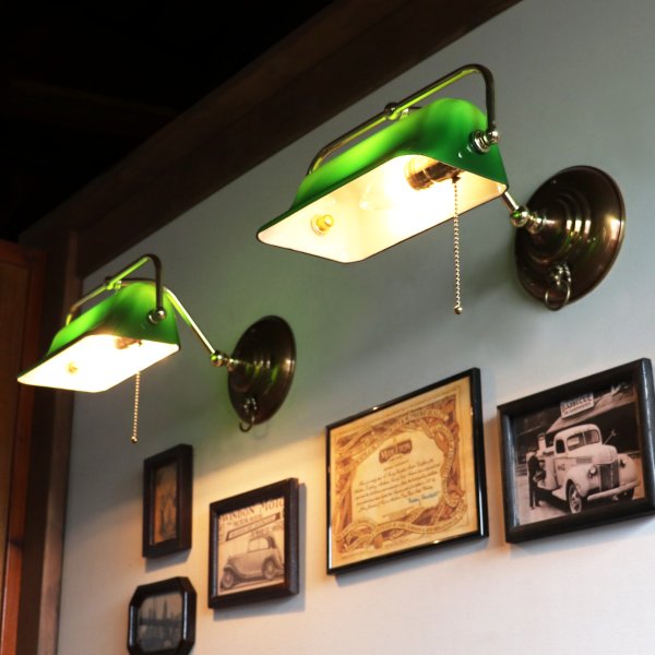 バンカーズランプ壁掛照明グリーンシェードブラケットライト・ライオン｜アンティーク照明バンカーズライト