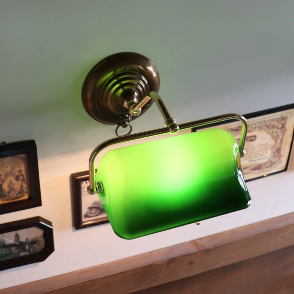 バンカーズランプ壁掛照明グリーンシェードブラケットライト・ライオン｜アンティーク照明バンカーズライト